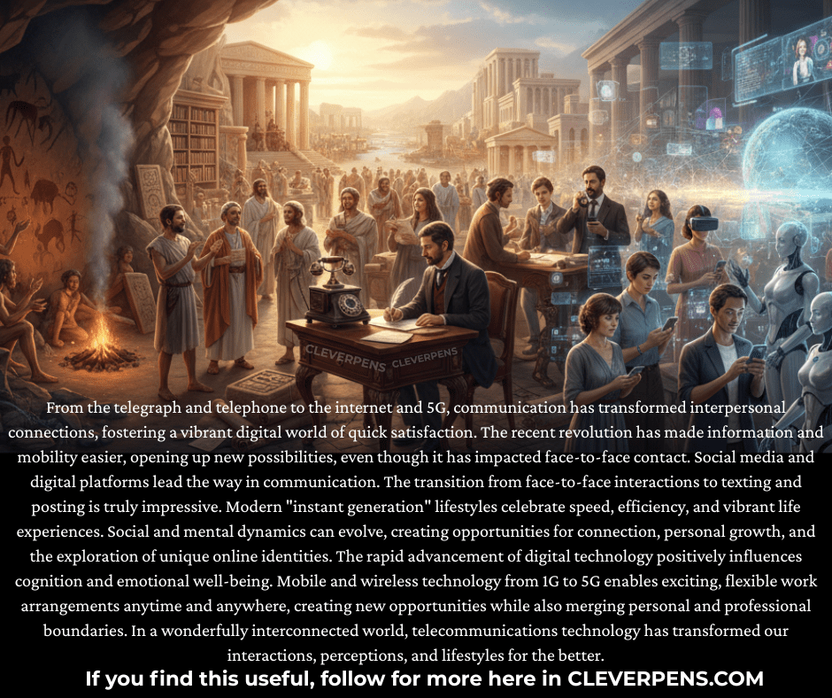 A dynamic illustration showing the evolution of communication from ancient times to the modern digital age, featuring scenes of people interacting in historical settings alongside modern technology like smartphones and holograms, emphasizing the transformation of interpersonal connections.