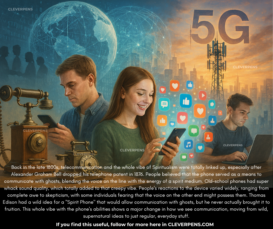 An artistic depiction of the evolution of telecommunications, featuring historical and modern devices. On the left, a vintage telephone and a man using a smartphone. In the center, a smiling woman engages with her phone, surrounded by social media icons. In the background, a 5G tower and a digital world map represent technological advancements.