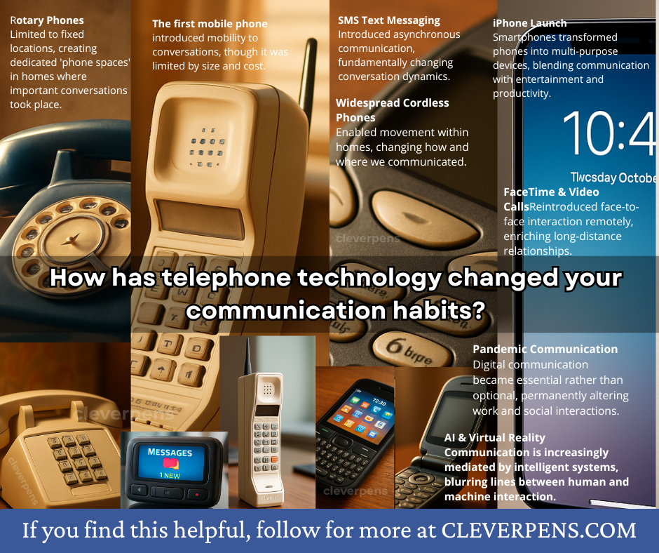 A collage illustrating the evolution of telephone technology, including rotary phones, mobile phones, SMS messaging, cordless phones, video calls, and pandemic communication.