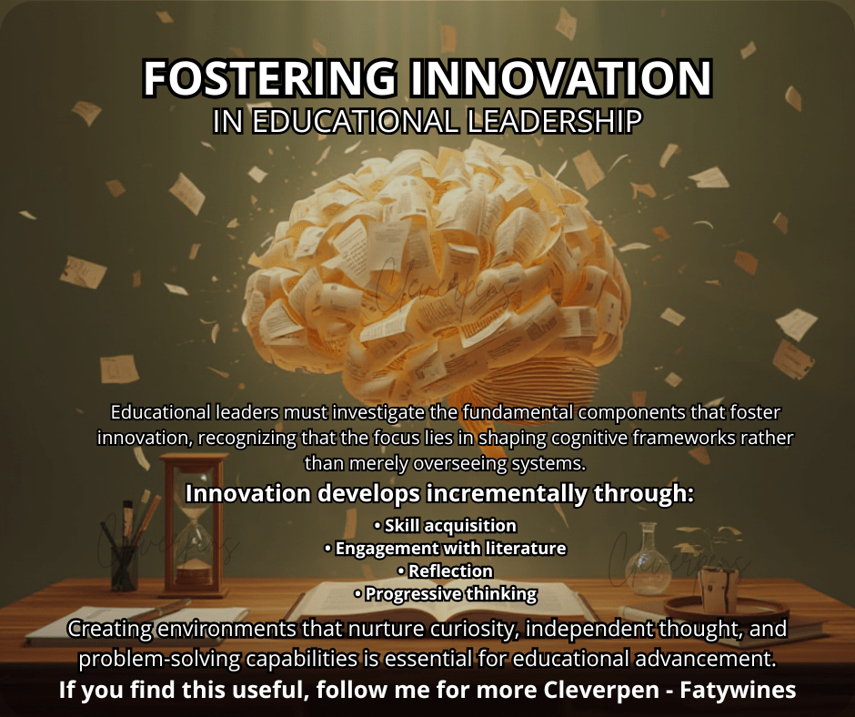 An artistic representation of a brain made of pages, symbolizing the connection between education and innovation. The image features the title 'Fostering Innovation in Educational Leadership' along with key points about skills acquisition, literature engagement, reflection, and progressive thinking.
