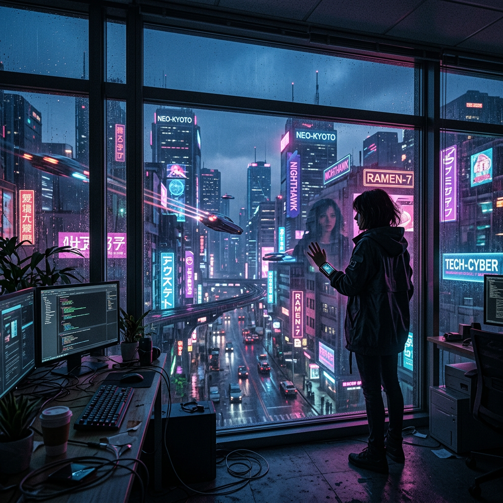 Person standing by window looking at neon-lit futuristic cityscape with flying vehicles