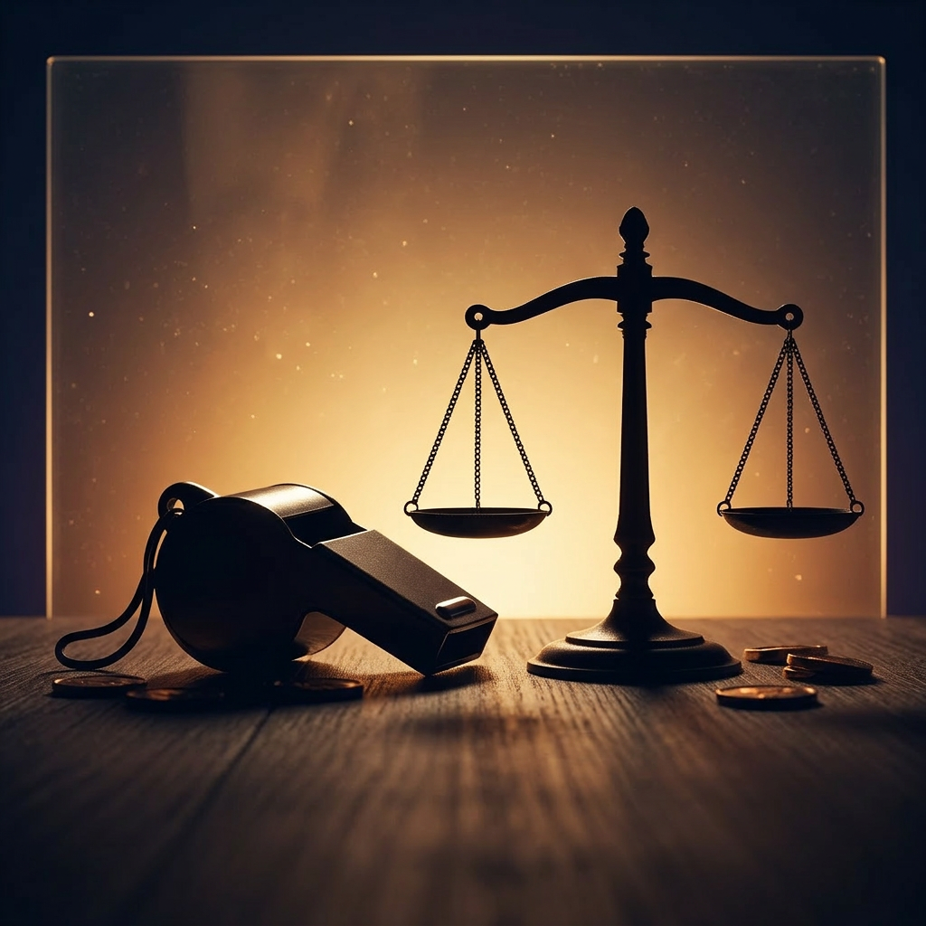 A whistle placed beside balanced scales symbolizing justice and whistleblowing
