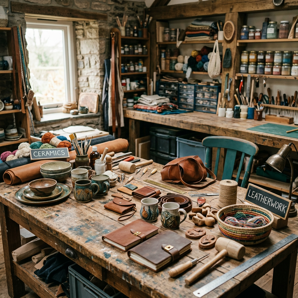 Craftsperson stitching brown leather bag at workshop table with ceramics and leatherwork items
