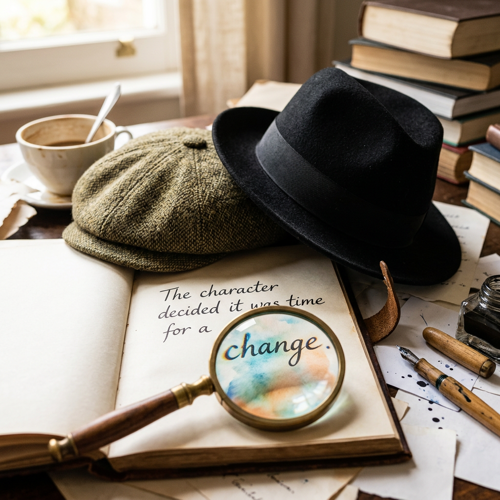 Open book with text 'The character decided it was time for a change' and magnifying glass highlighting 'change', two hats, ink bottle, fountain pen, and coffee cup on a wooden table