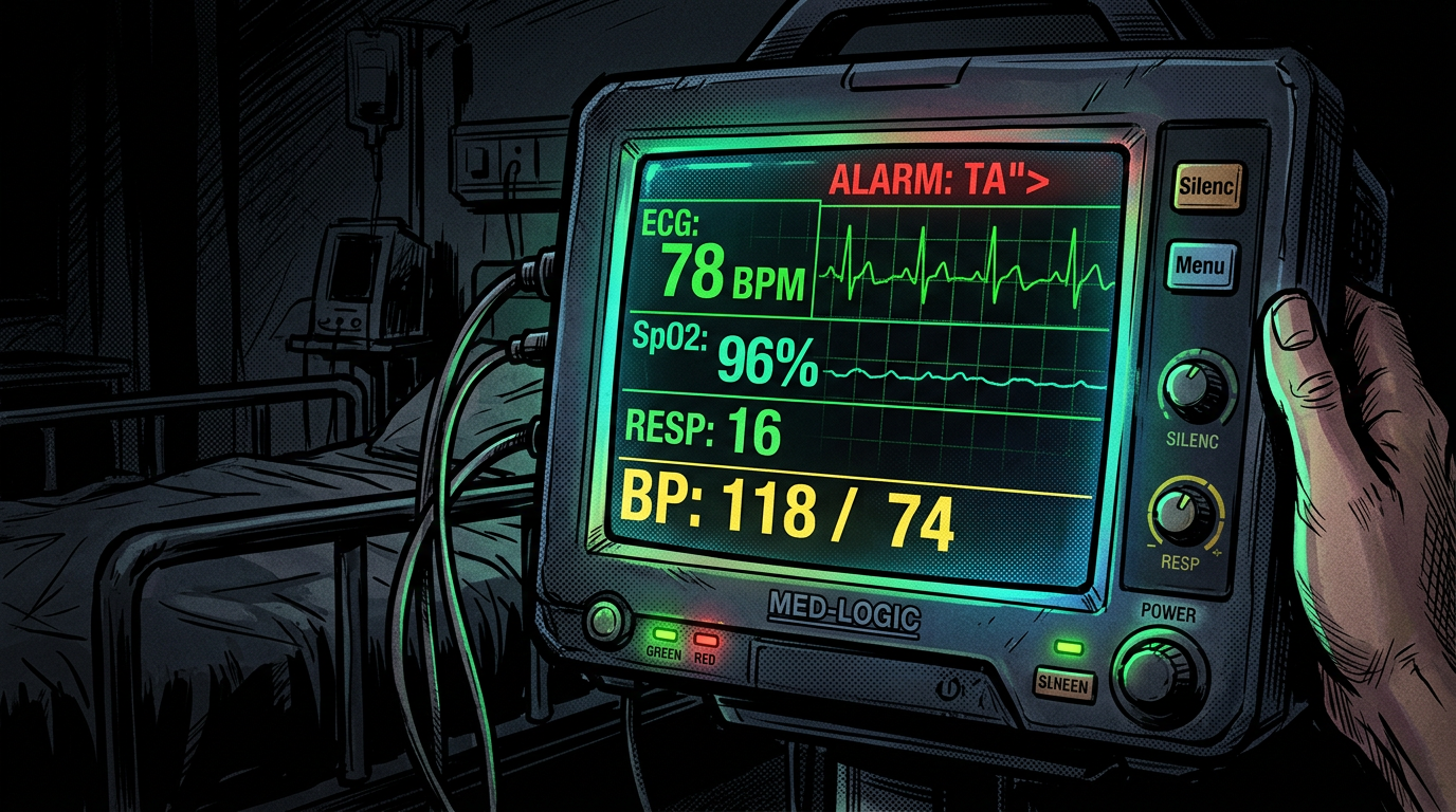 Hand holding medical monitor showing ECG, oxygen saturation, respiration rate, and blood pressure readings