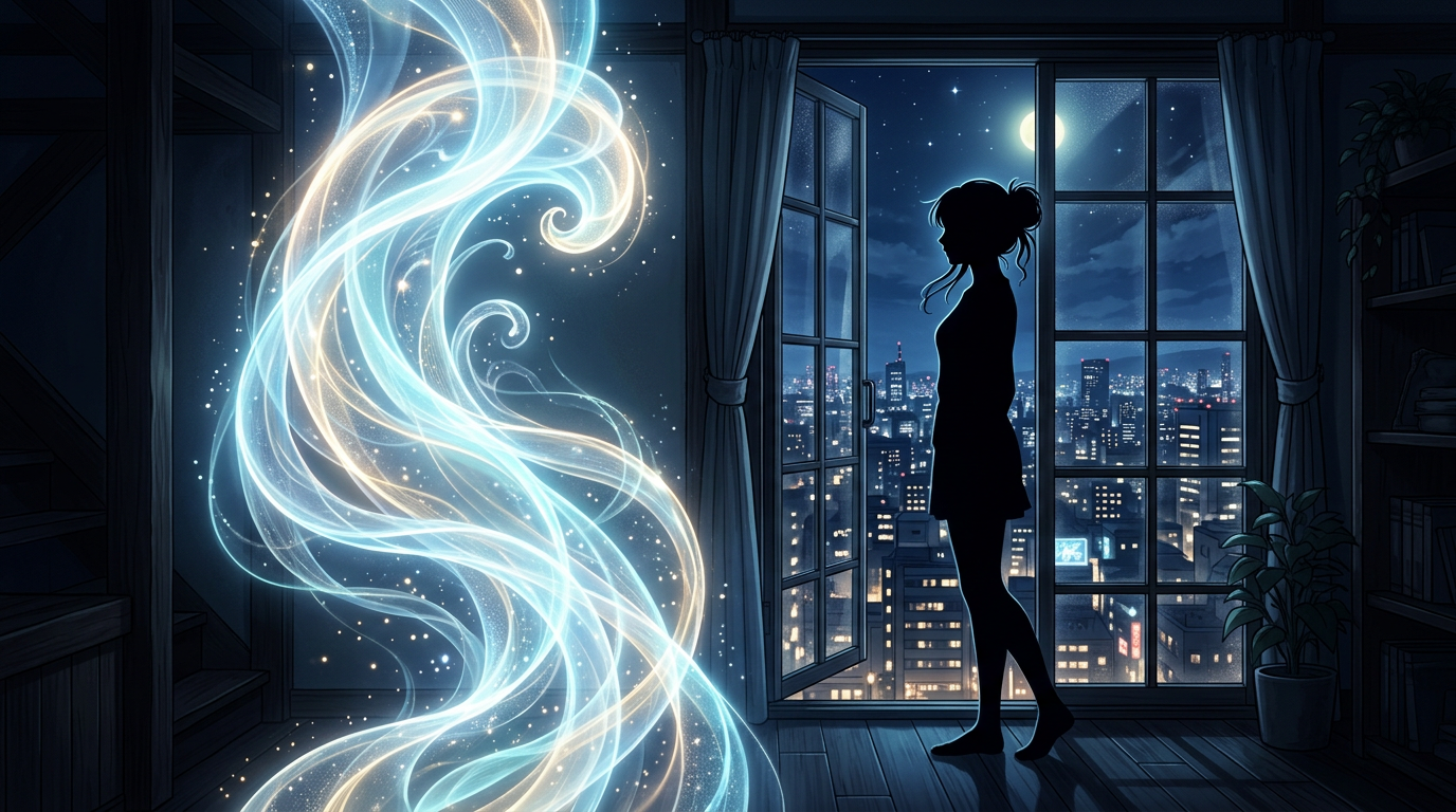 Silhouette of a person standing by an open window with city lights outside and swirling glowing light inside