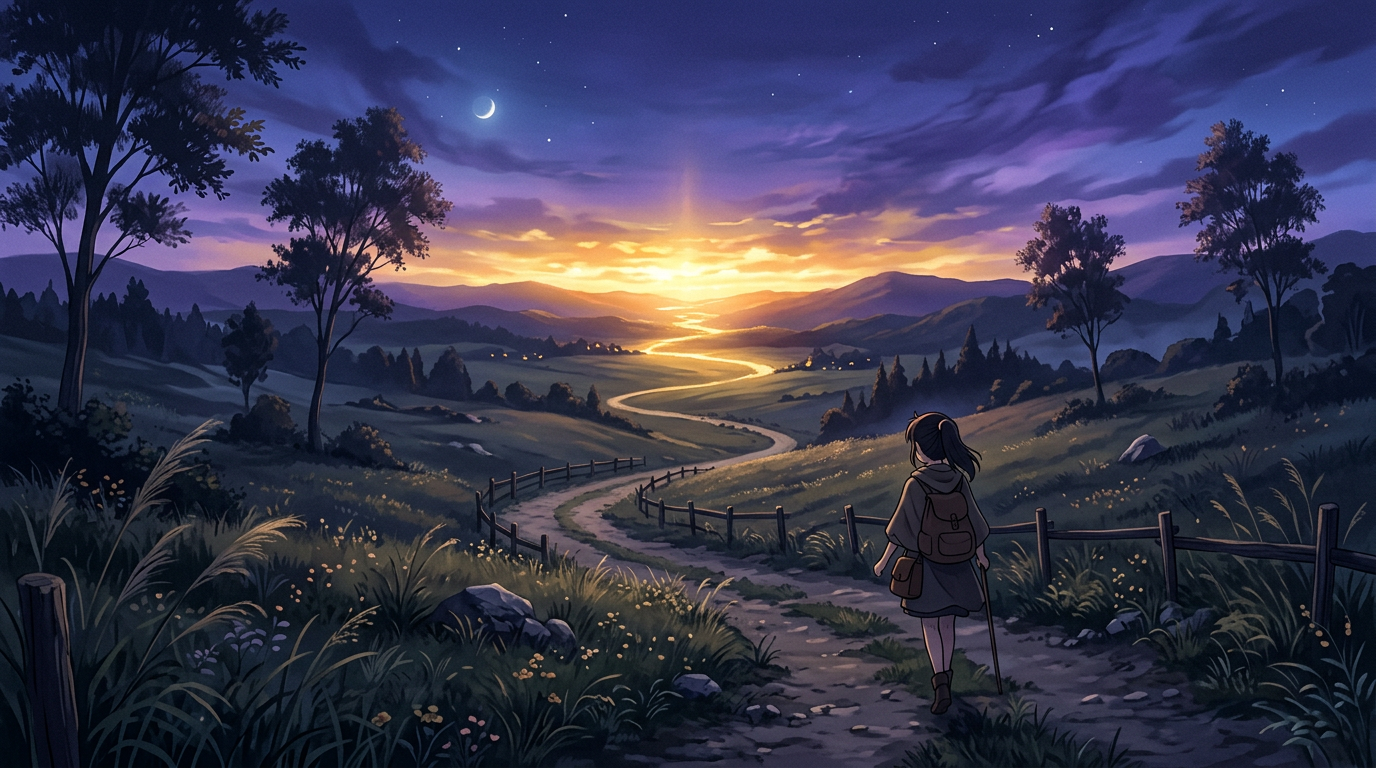 Traveler walking a winding rural path under crescent moon and colorful twilight sky