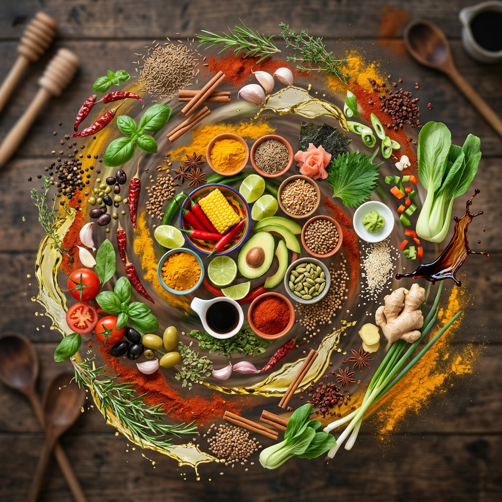 Spiral arrangement of various colorful spices, herbs, vegetables, and condiments on wooden background