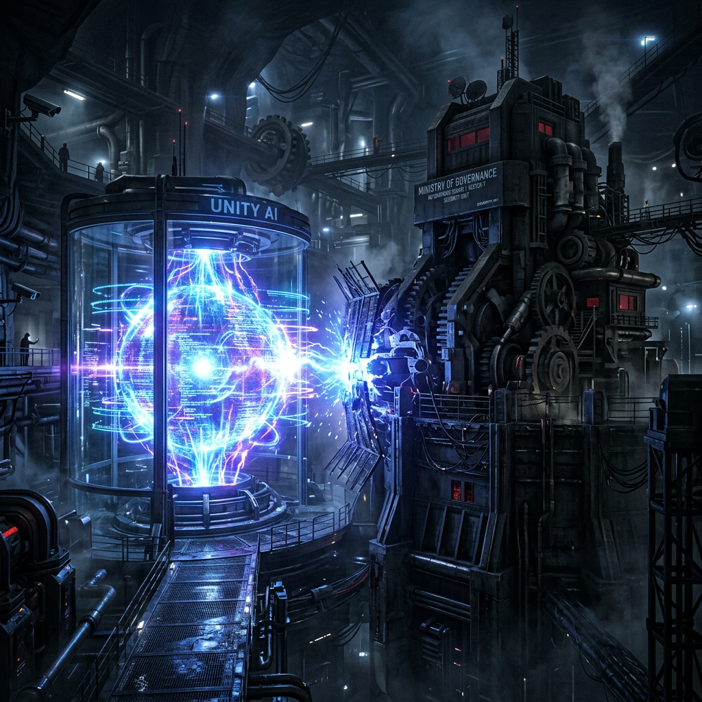 Glowing blue energy connecting AI core labeled UNITY AI with a dark mechanical machine labeled Ministry of Governance