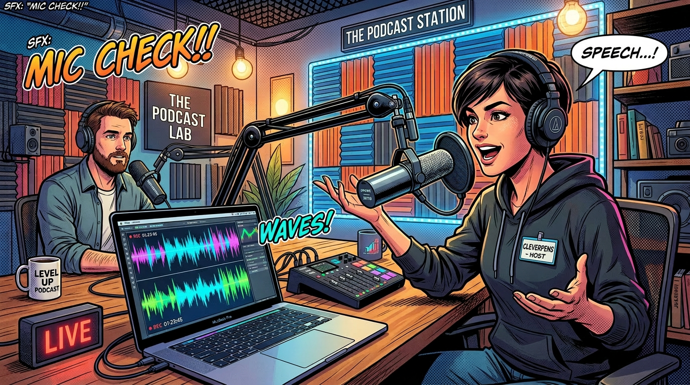 Two podcasters recording in a studio with microphones, headphones, and audio equipment