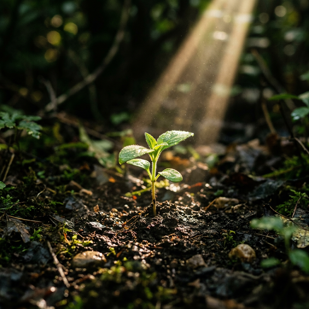 Small green seedling sprouting from soil with sunlight shining down