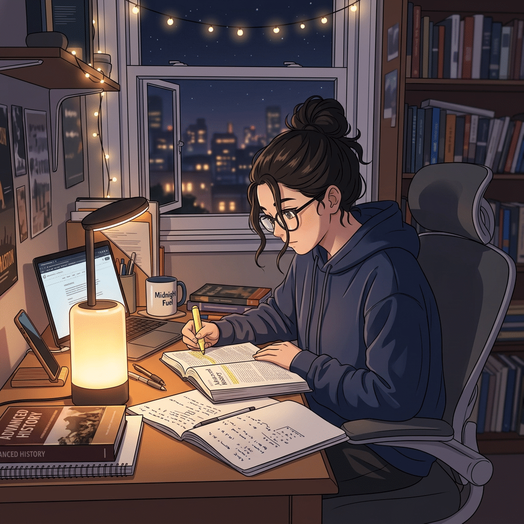 Student highlighting text in a book at a desk illuminated by a desk lamp at night