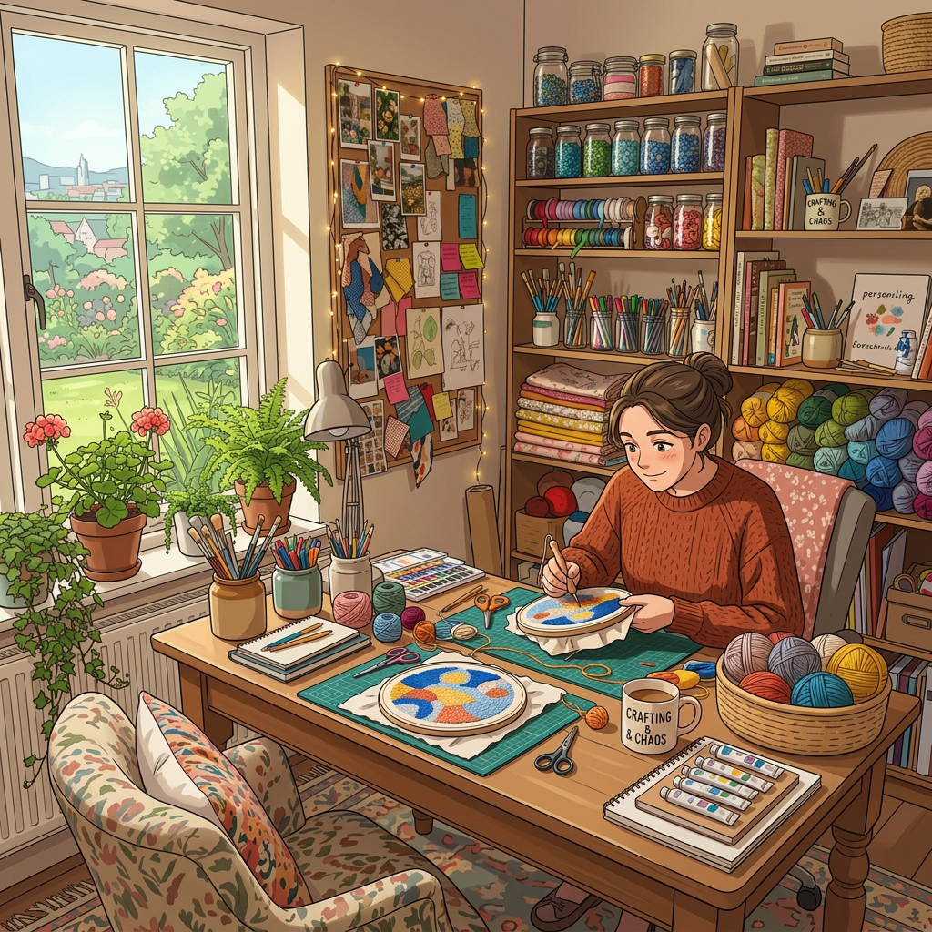 Woman doing punch needle embroidery at a wooden table in a bright craft room filled with yarn and art supplies