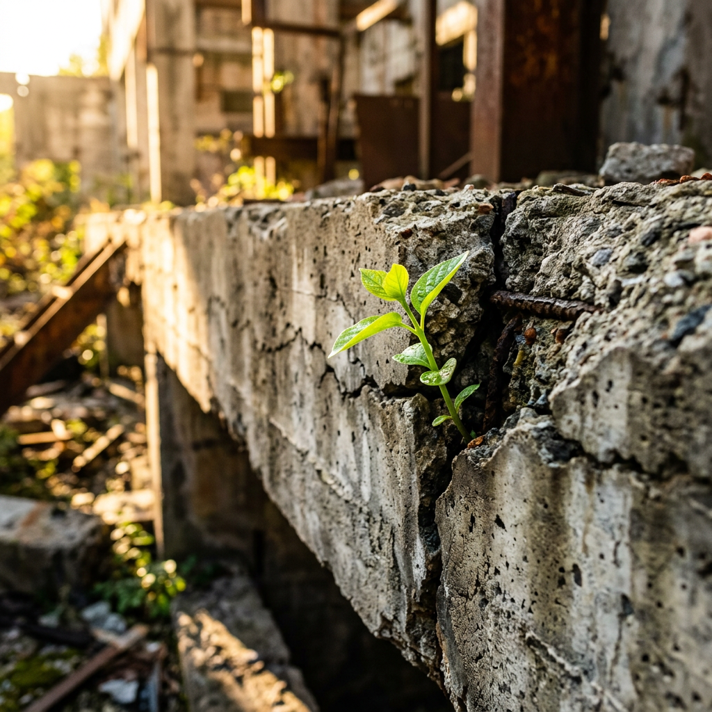 Green plant sprouting from a crack in a weathered concrete wall in an abandoned building