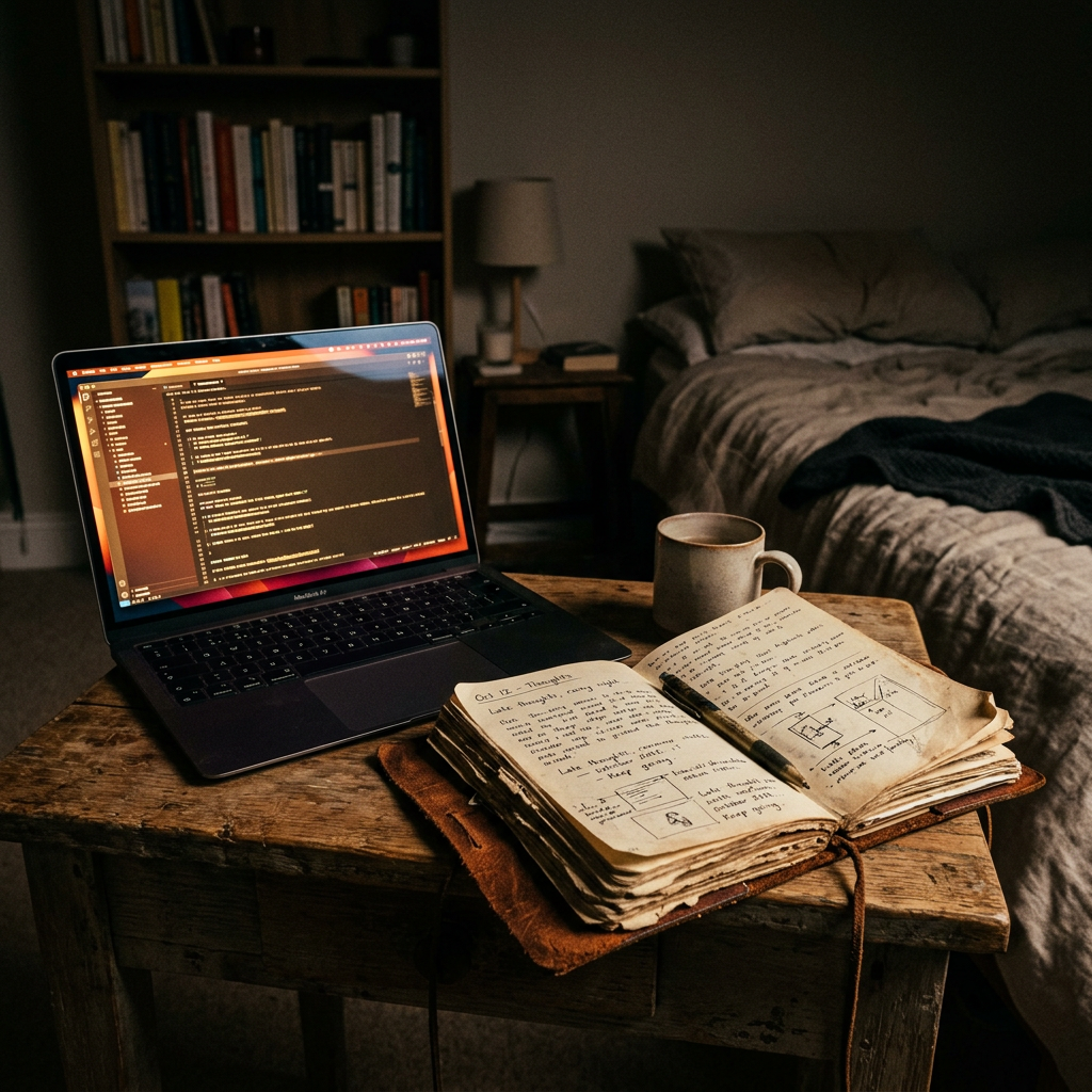 Laptop with coding on screen, open notebook with handwritten notes, pen, and coffee mug on a wooden table, bedroom background