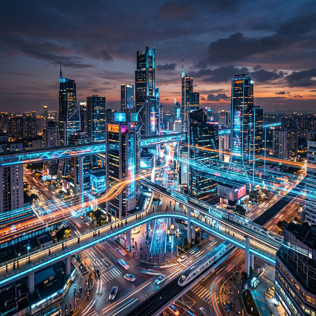 Futuristic city skyline at dusk with high-rise buildings and multi-level highways illuminated by blue and orange light trails