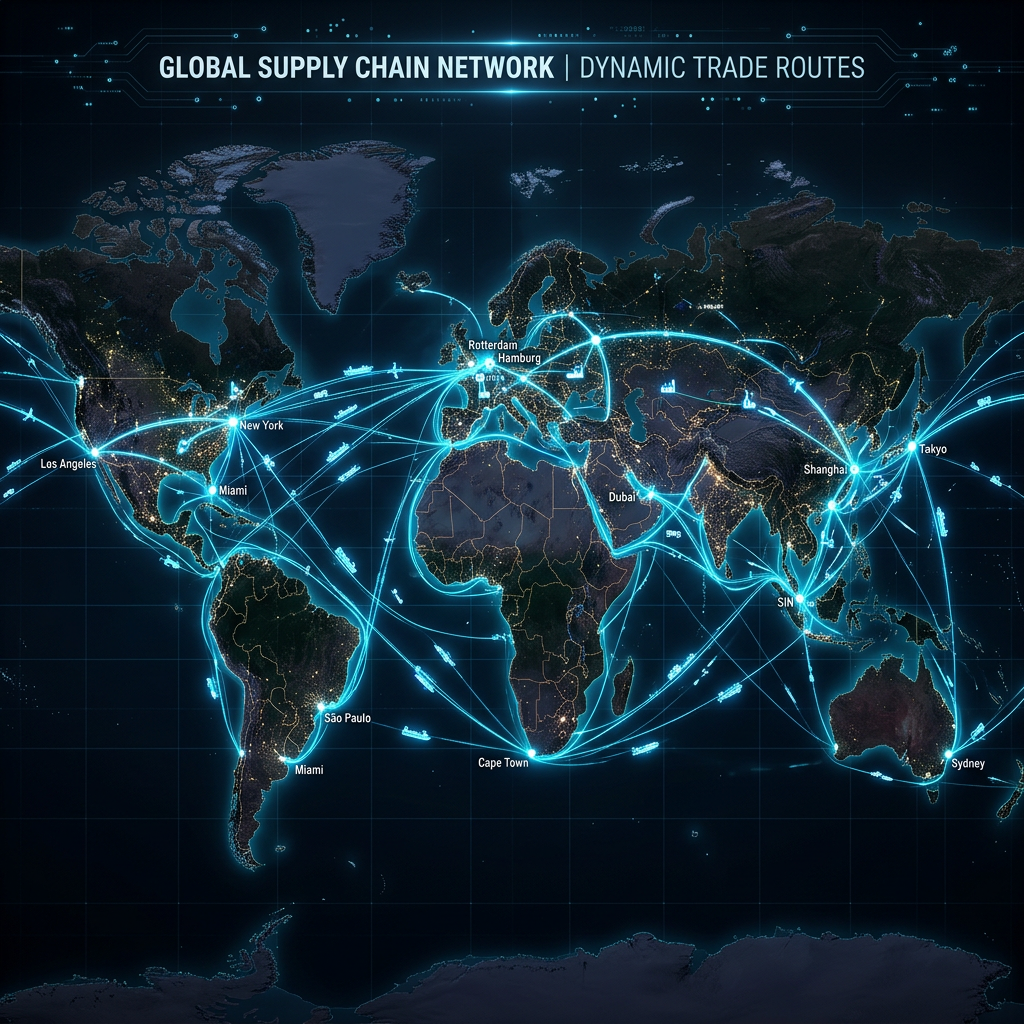 World map showing dynamic global trade routes with major ports highlighted and trade paths illuminated