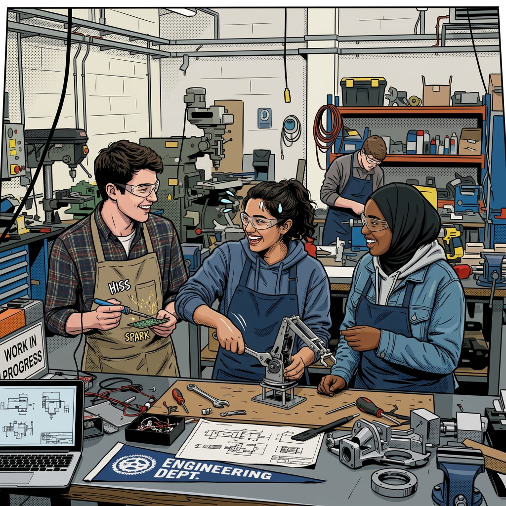 Three students wearing safety goggles working on mechanical parts in an engineering workshop