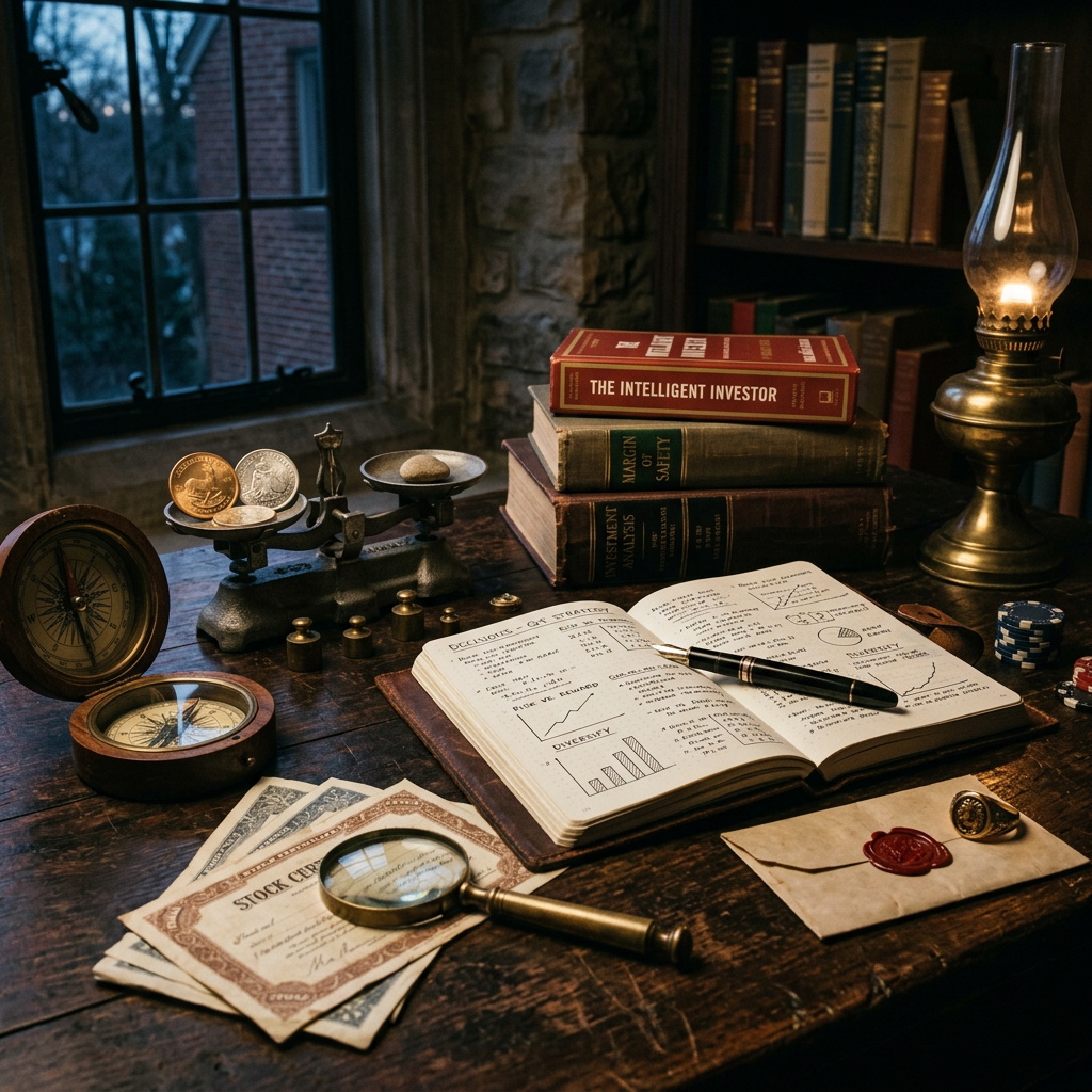 Open investment notebook beside finance books, coins, scales, and an oil lamp