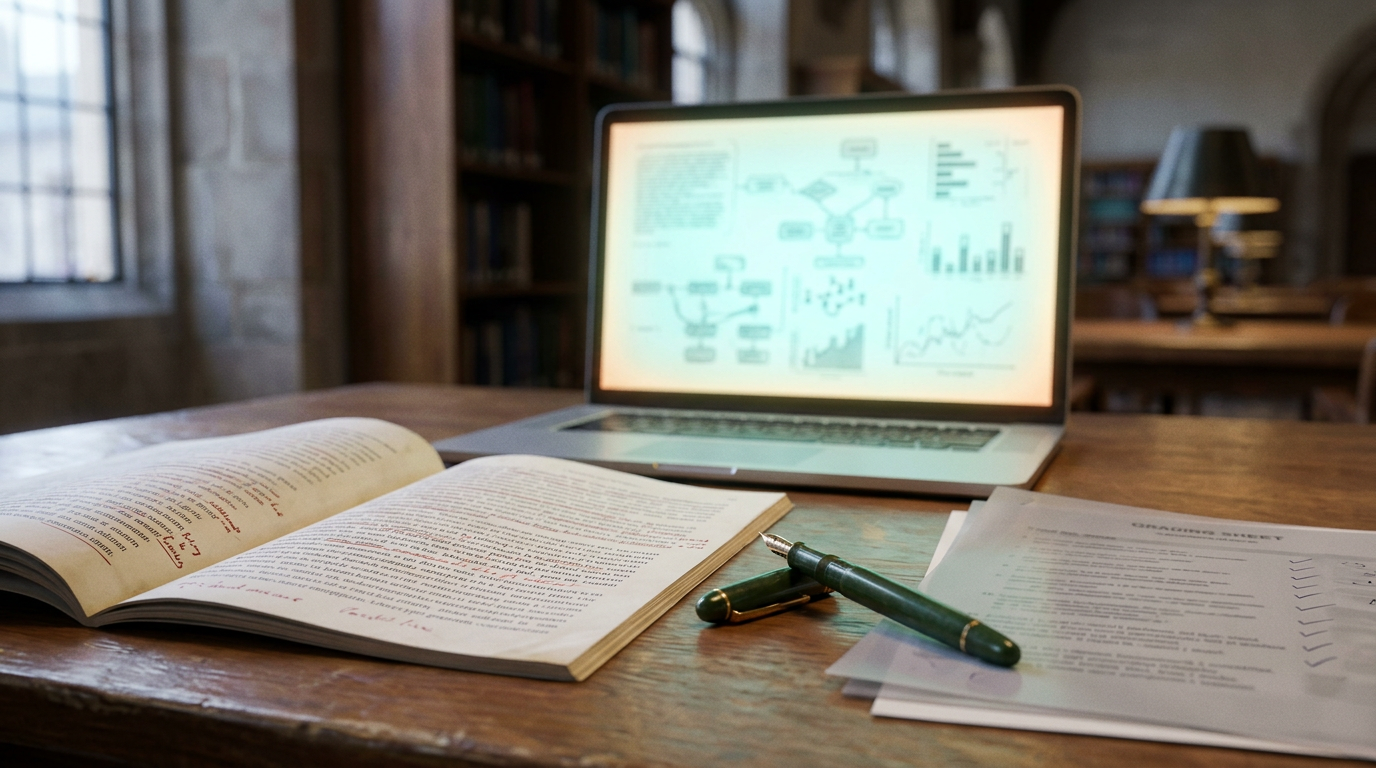Academic paper, fountain pen, grading sheets, glowing laptop