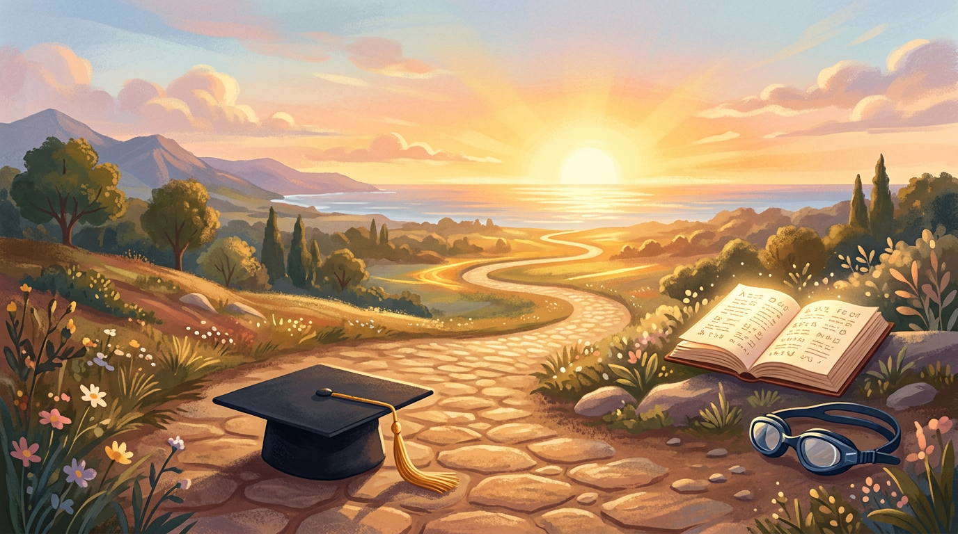 Graduation cap, open book, and glasses beside a sunlit path