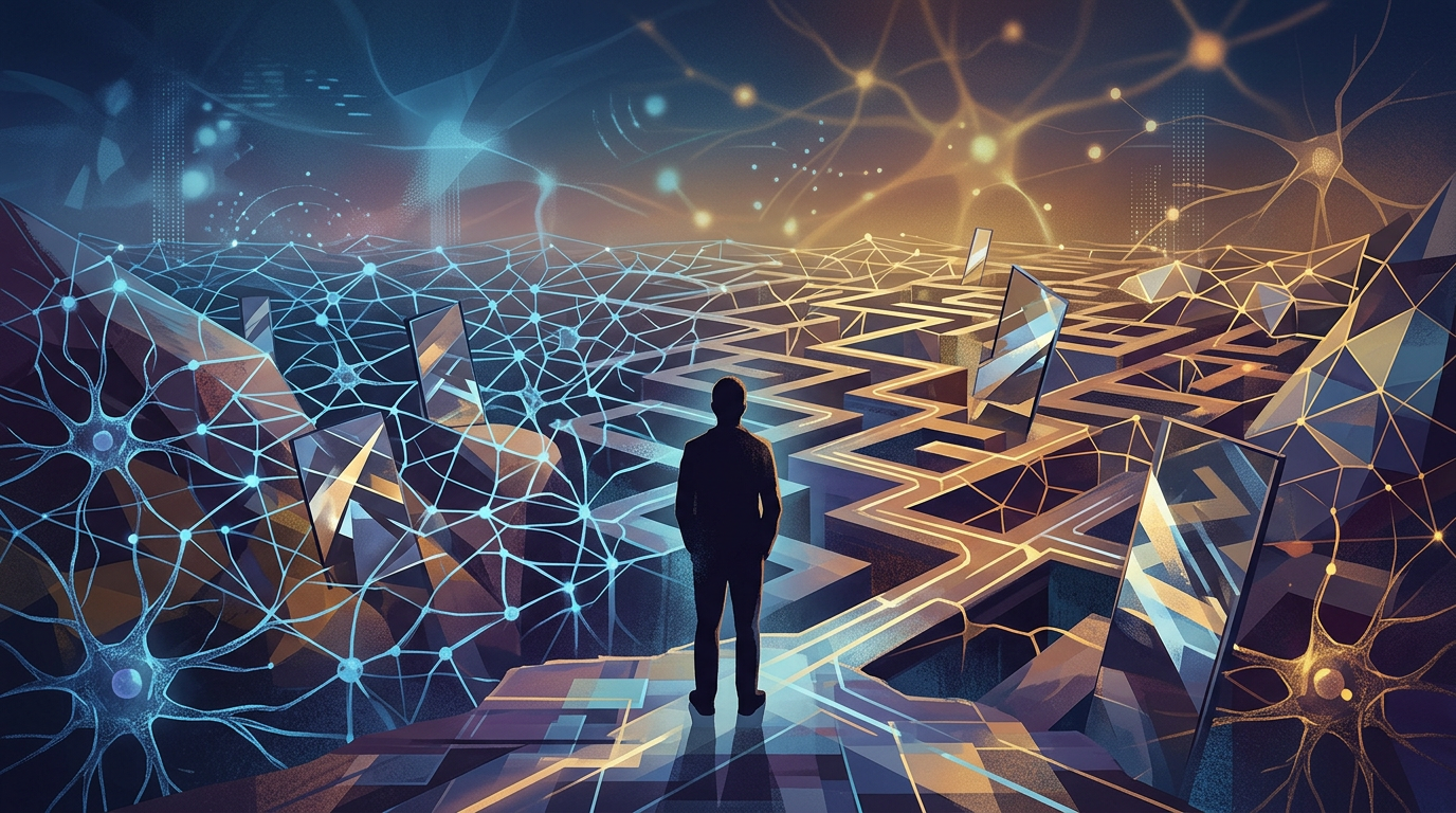Silhouette standing before glowing neural networks and geometric digital pathways