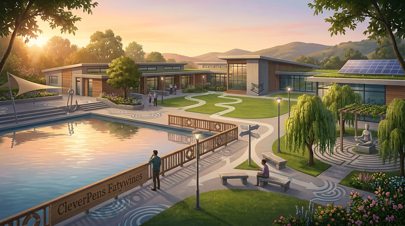 Solar-powered wellness campus with pond, gardens, paths, and distant hills