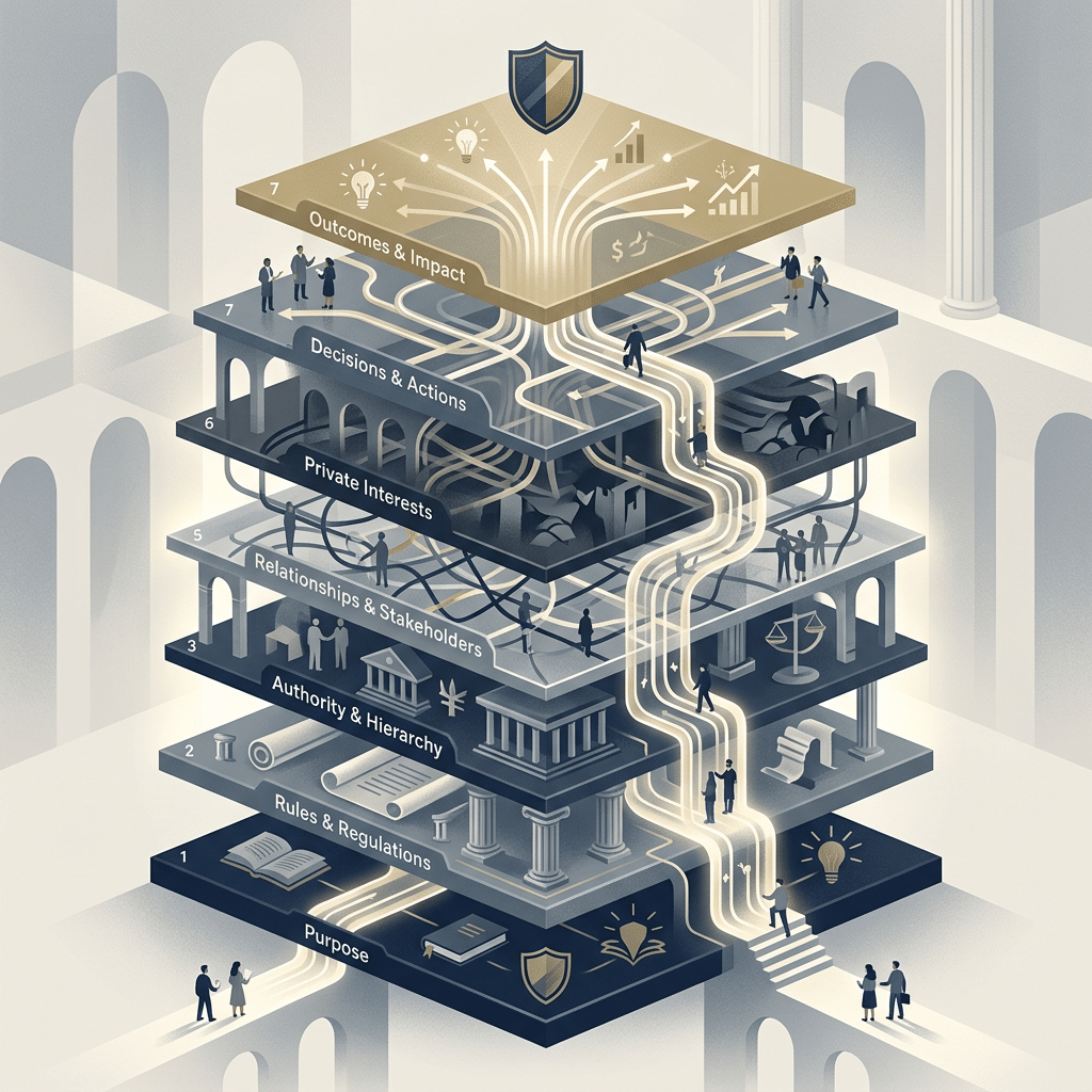 Layered diagram labeled Purpose, Rules & Regulations, Authority & Hierarchy, Relationships & Stakeholders, Private Interests, Decisions & Actions, and Outcomes & Impact